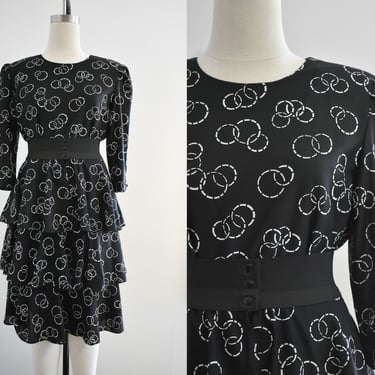 1980s Black Tiered Ruffled Dress 