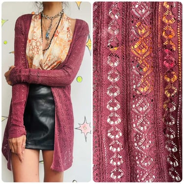 Vintage 90s Y2K Raspberry Crochet Duster Robe Fairy Grunge Boho Cottagecore - S 