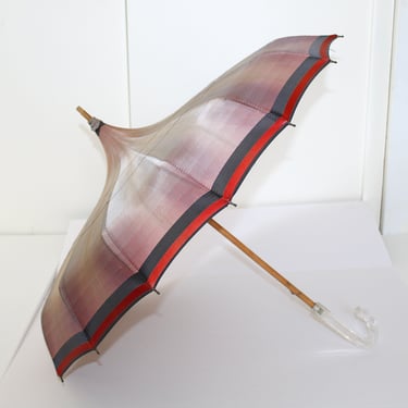 1930s Jacquard Pagoda Umbrella with Wood Shaft and Lucite Handle - Vintage Striped Parasol 