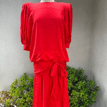 Vintage 80s Dynasty style red hot silk dress big shoulders Sz 6 by Argenti 