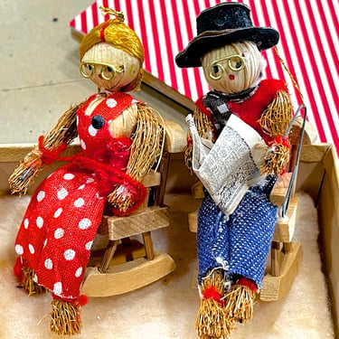 VINTAGE: 2pcs - Natural Fiber Ornaments - Man and Woman Ornament - Wooden Rocking Chairs - Christian - Holiday - SKU Tub-28-00034512 