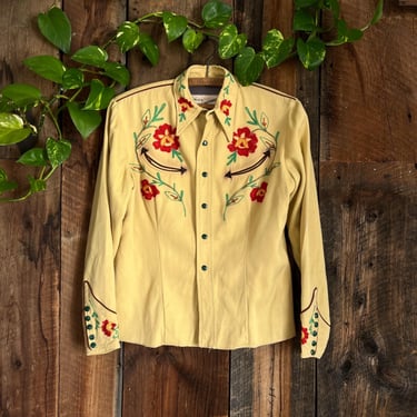 Vintage 30s 40s Women’s Western Blouse Embroidered Chain Stitched Roses California Ranchwear Size M 