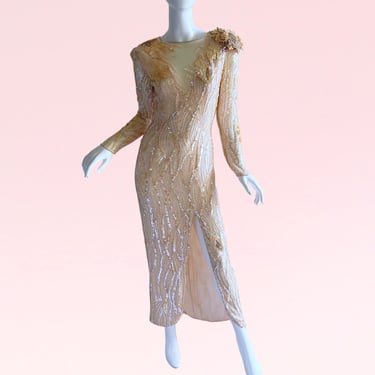 Enchanting 1980s Vintage Shomax Sequin Beaded Silk Pastel Pink Wedding Evening Gown - Embrace Timeless Elegance! 