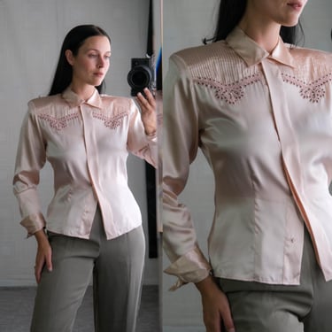 Vintage 80s Paravaggio Liquid Silk Powder Pink Loop Collar Western Button Up Shirt w/ Soutache Embroidery | 100% Silk | 1980s Button Shirt 