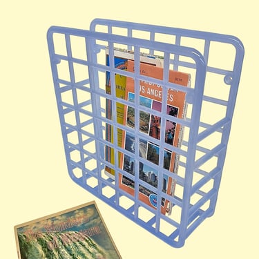 Vintage YAFFA Mini Catchall Retro 1980s Contemporary + Blue Plastic + Rectangular + Grid Frame + Magazine Rack + Paper Storage/Organization 