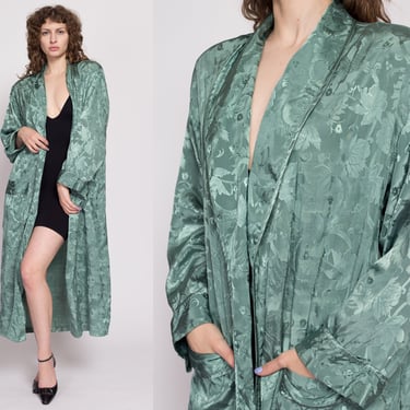 90s Victoria's Secret Sage Green Jacquard Satin Robe - Medium to Large | Vintage Floral Boho Loungewear Kimono 
