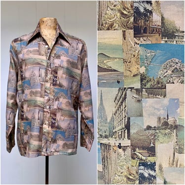 Vintage 1970s Photo Collage Shirt, 70s Long Sleeve Polyester Historic Buildings/Sites of Interest Print, X-Large 48" Chest, VFG 
