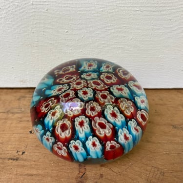 Vintage Murano Millefiori Paper Weight, Red And Blue Green Canes, Label With Tape, Marked Italy 