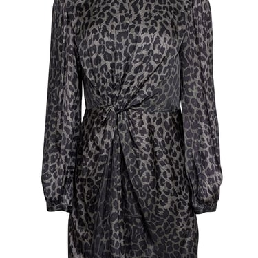 All Saints - Dark Green & Black Leopard Print Gathered Satin Dress Sz 6