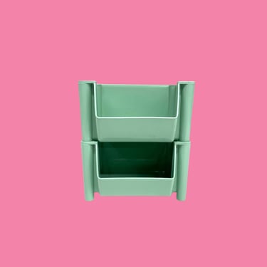 Vintage Organizer Retro 1990s Contemporary + Plastic + Teal + Desk Storage and Organization + Set of 2 + Small Size + Stackable + Home Decor 