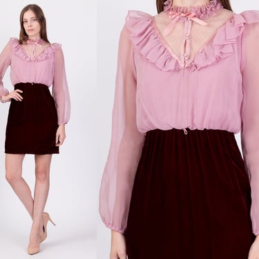 70s Dusty Rose & Red Velvet Mini Party Dress - Small | Vintage High Neck Long Sleeve Retro Dress 