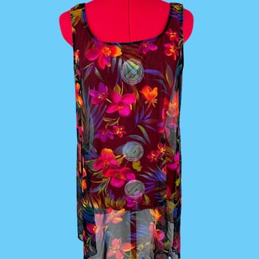Vtg 80s Sheer Mesh Tropical Floral Tank Party Mini Dress L/XL Gift 