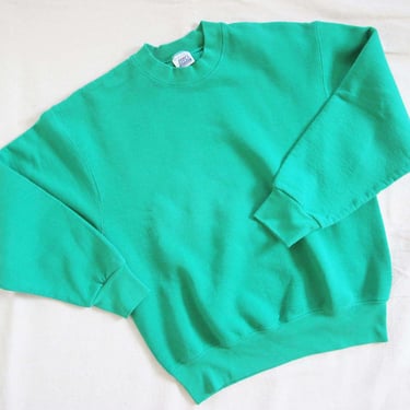 Vintage 80s Teal Green Crewneck Sweatshirt S M  - 1980s Cotton Blend Pullover Solid Color Athletic Sweatshirt - BVD Made in USA 