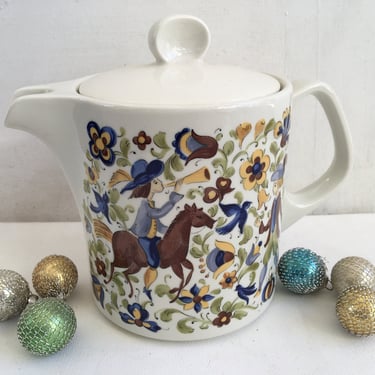 Vintage Villeroy And Boch Small Tea Pot, Troubadour Pattern, Small Coffee Pot, Boy On Horse Blue Yellow Floral, Made In Luxembourg 