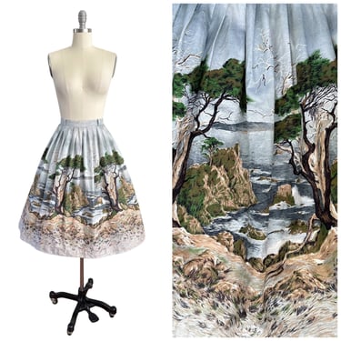 50s Lone Cypress Border Print Skirt / 1950s Vintage Scenic Novelty Print Full Skirt / Medium / 27 inch waist 