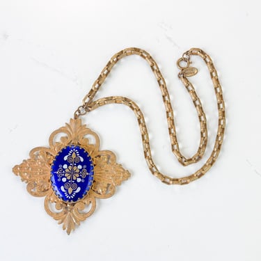 Miriam Haskell | 1940s Brass Filigree Pendant Necklace | 40s Cobalt Blue Glass Brass Necklace | 40s Gold Filigree Necklace | Miriam Haskell 