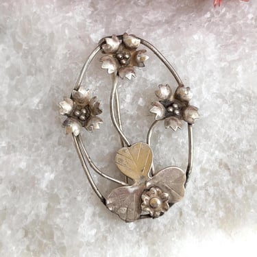 40's Vintage Art Nouveau Floral & Beaded Openwork Polished Sterling Silver Foliage 925 Accented Classic Brooch 