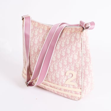 Christian Dior Y2K Girly No. 2 Trotter Messenger Bag in Pink + White Coated Canvas Romantique Rare Diorissimo Crossbody Tote CD Logo 