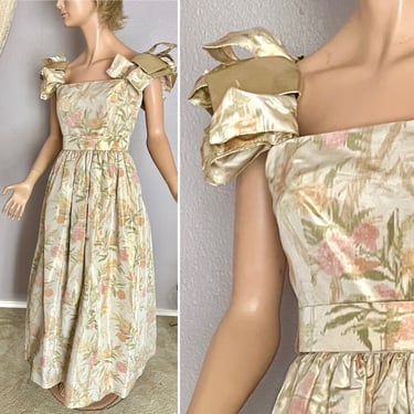 Gold Lurex Shimmery Vintage 80s Cocktail Dress, Prom, Metallic Brocade,Party, Maxi, Full Length 