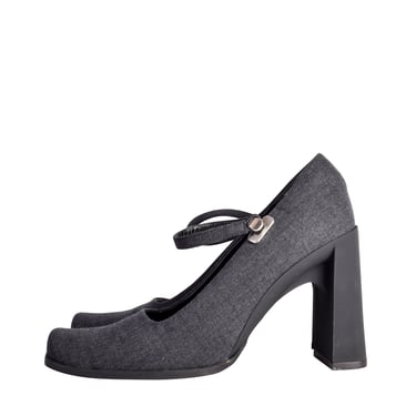 Prada Vintage Charcoal Grey Wool Square Toe Mary Jane Heels