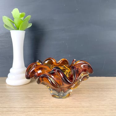 Amber art glass crimped ashtray - 1960s vintage 