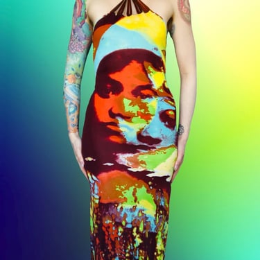 Jean Paul Gaultier Iconic Acidic Trip Face Print Halter Top Maxi Dress Y2K - size Small Medium 