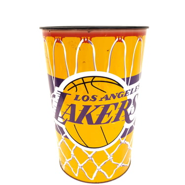 Vintage L.A. LAKERS Metal Trash Can | Large Los Angeles Lakers Waste Basket | Graphic NBA Planter | Umbrella Stand 