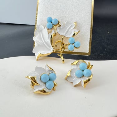 1960s Sarah Coventry Turquoise Leaf Set Brooch Earrings 