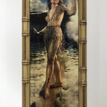 1920's Gene Pressler Framed Pin-up Hula Girl Surfing Hawaiiana with Rattan Frame 