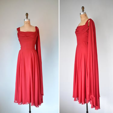 Marilyn 1950s chiffon dress attached scarf, plus size party dress, full skirt red dress, 1950s dress vintage, erstwhile style 