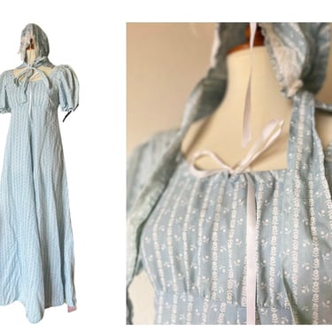 Vintage blue prairie puff sleeve maxi dress with BONNET size xxs Bo Peep 
