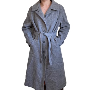 Vintage Womens 80s Gray 100% Wool Minimalist Retro Long Trench Coat Sz L 