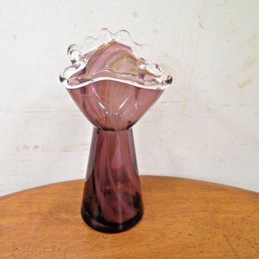 Vintage Lefton Glass Bud Vase - Hand Blown Amethyst Purple Swirl 