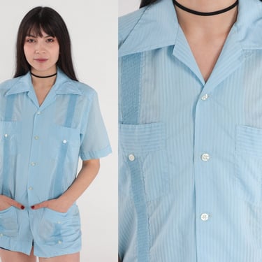 Blue Striped Shirt 70s Button Up Shirt Semi-Sheer Retro Preppy Collared Top Dagger Collar Short Sleeve Cargo Pocket Vintage 1970s Mens Small 