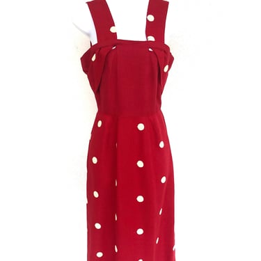 Vintage VTG 1940s 40s French Linen Red Polka Dot Pinup Dress Wiggle Dress 