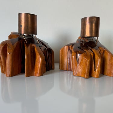 Vintage Organic  Hand Carved Wood And Copper  Sculptural Candle Holders - A Pair 