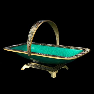 Vintage Judaica Green Enamel Brass Israel Centerpiece Basket Candy Bowl