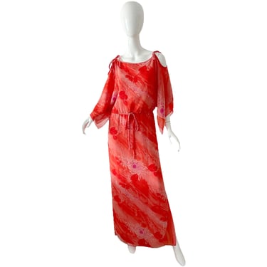 70s William Travilla Dress / Vintage Kimono Psychedelic Maxi / 1970s Hostess Party Dress Medium 