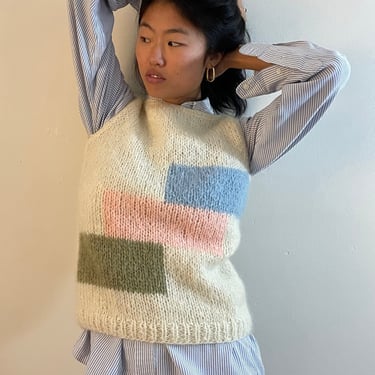 60s handknit mohair sweater / vintage ivory Italian mohair geometric intarsia pastel sleeveless one of a kind handknit sweater vest | Medium 
