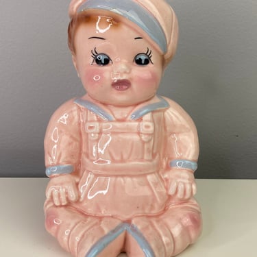 Pink Sitting toddler Baby Planter Vase | Head vase planter | Big Eyes Overalls Cap Hand Painted 7" Tall | Kitschy Baby Head Vase Planter 