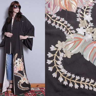Vintage 1970's | Black | Floral | Silk | Long | Japanese | Kimono | M/L 