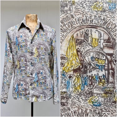 Vintage 1970s Medieval Novelty Print Shirt, 70s Long Sleeve Nylon Hipster Shirt by D'Avila, Medium 42" Chest Disco Shirt, VFG 