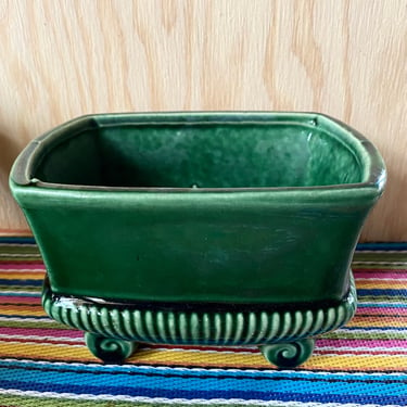 Forest Green Blue Planter Pot~  USA Pottery Ware Art~ Sweet Small Patio Pot - Green Ribbed Bamboo and Scroll Footed legs - Farmhouse Decor 