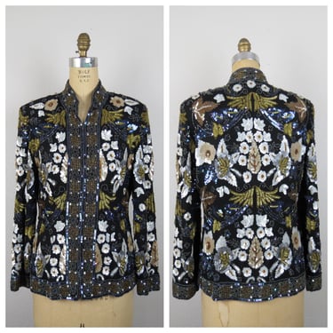 Vintage sequined jacket, top, blouse, sequins, evening, cocktail, silk, floral, formal attire, party, size medium 