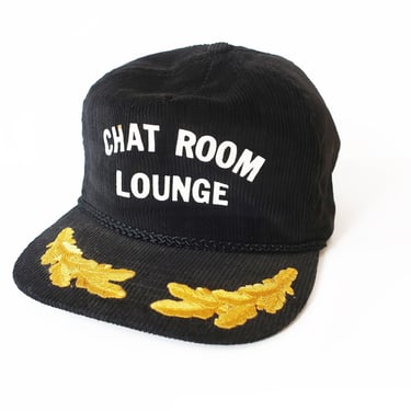 vintage corduroy hat / 80s baseball hat / 1980s Chat Room Lounge bar flocked letter black corduroy hat strapback 