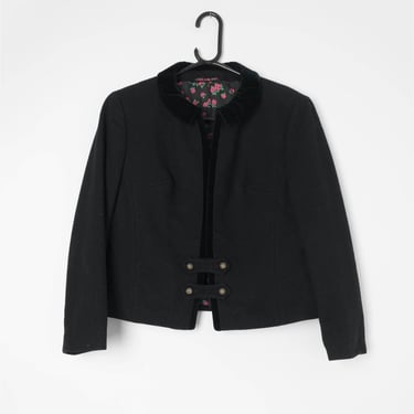 Black vintage jacket by B+W Modell, black wool with velvet trim collar with stunning rose lining, 60s-80s - Small / Medium 