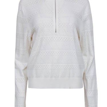 Veronica Beard - White Pointelle Ruffled Quarter Zip Sweater Sz XL