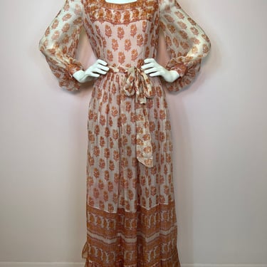 Vtg 1970s Indian silk balloon sleeve maxi dress 