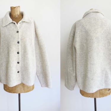 Vintage 90s Fleece Jacket L - Oatmeal Beige Neutral Teddy Bear Jacket -  Faux Shearling Collared Button Up Jacket 