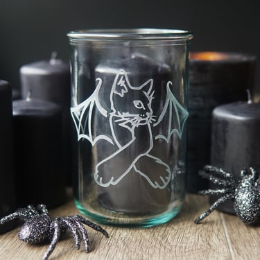 Cat Bat Pint Glass/Candle Holder - vampire kitty Halloween etched barware, recycled option 